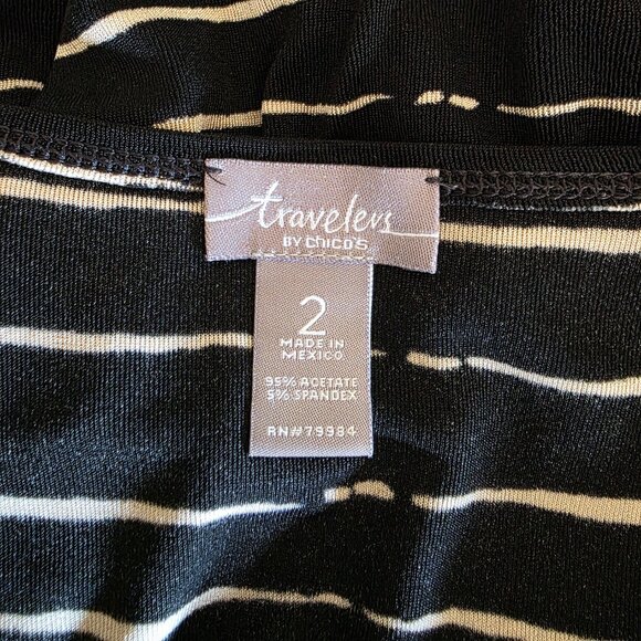 Chico's Travelers Top Tunic Size 2 Large Stretch Black Tan Stripe Relax Fit - Picture 8 of 8